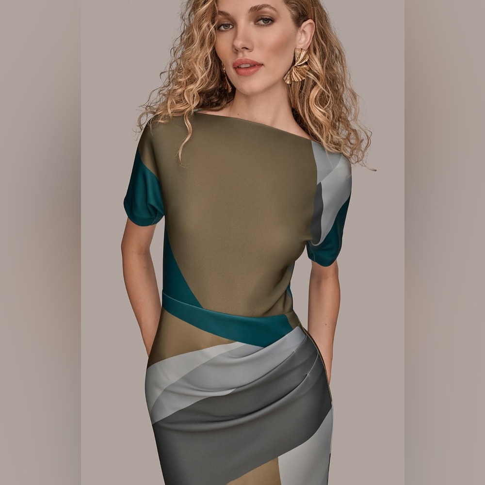 Donna Karen SHORT SLEEVE COLOR-BLOCK MIDI SHEATH DRESS